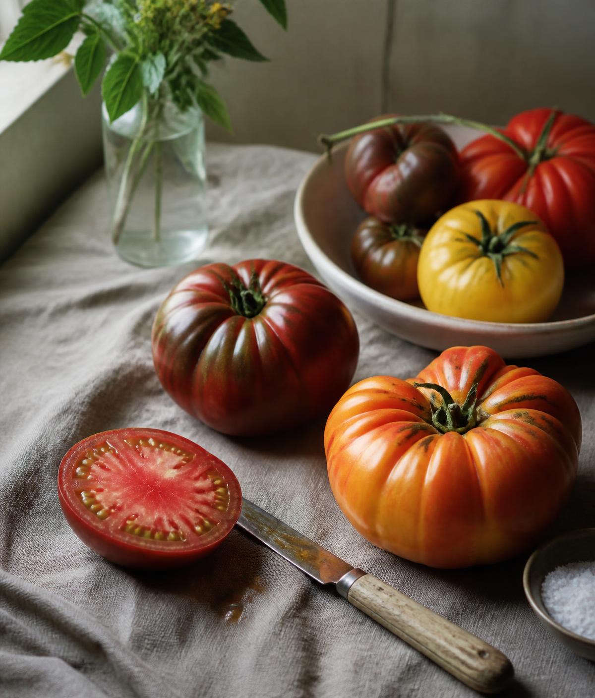 Heirloom tomatoes in a bowl and halved on a linen cloth by a window