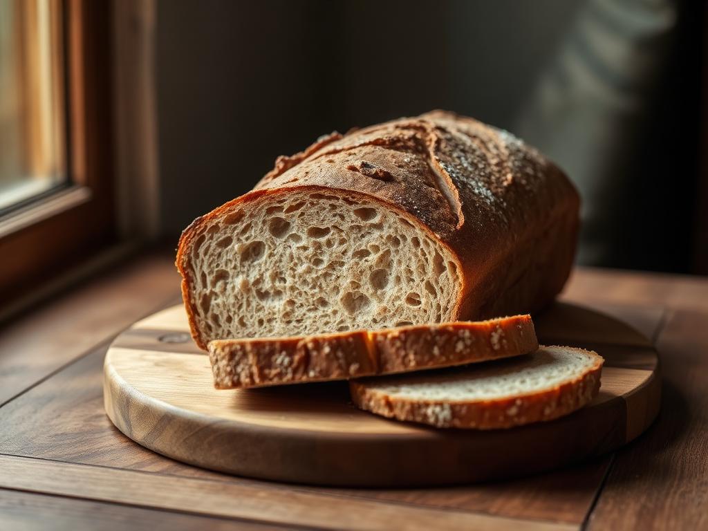 Rustic sourdough loaf sliced on a wooden board showing an open crumb