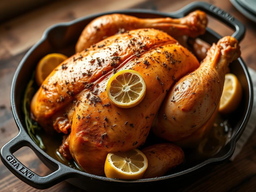Whole roast chicken with lemon and herbs in a cast iron pan