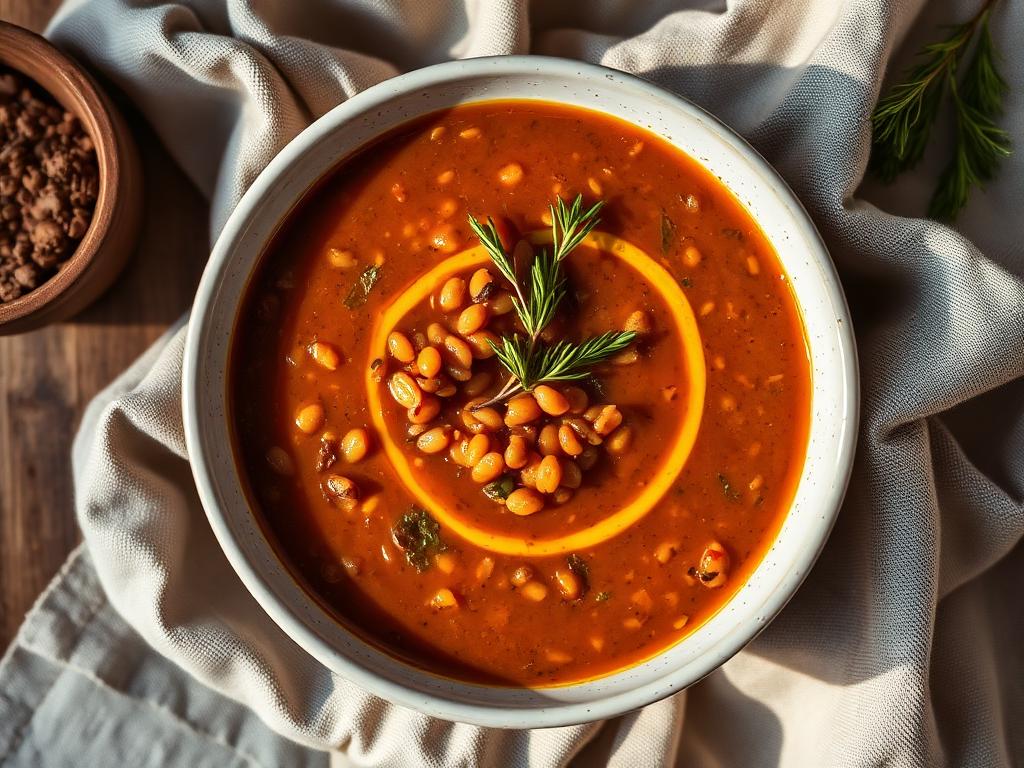 Bowl of spiced red lentil soup finished with olive oil and rosemary