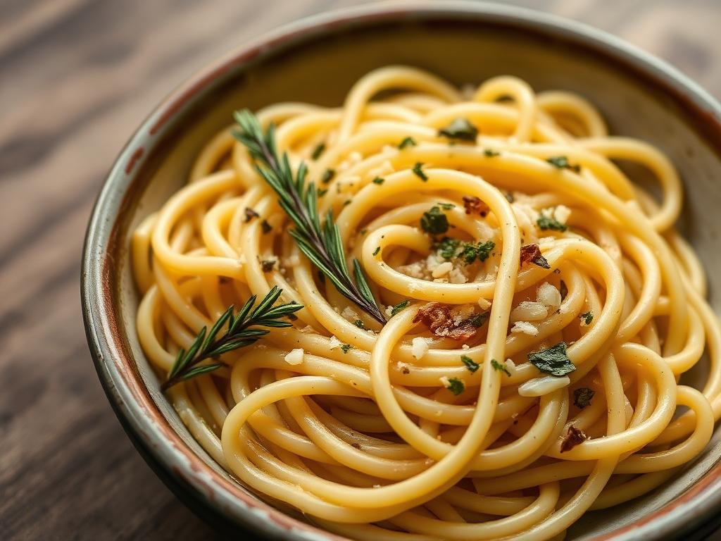 Bowl of spaghetti with garlic, chilli flakes and fresh herbs