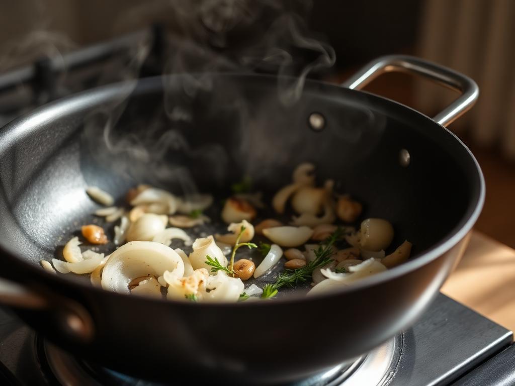 Onions, garlic and thyme softening in a hot pan with rising steam