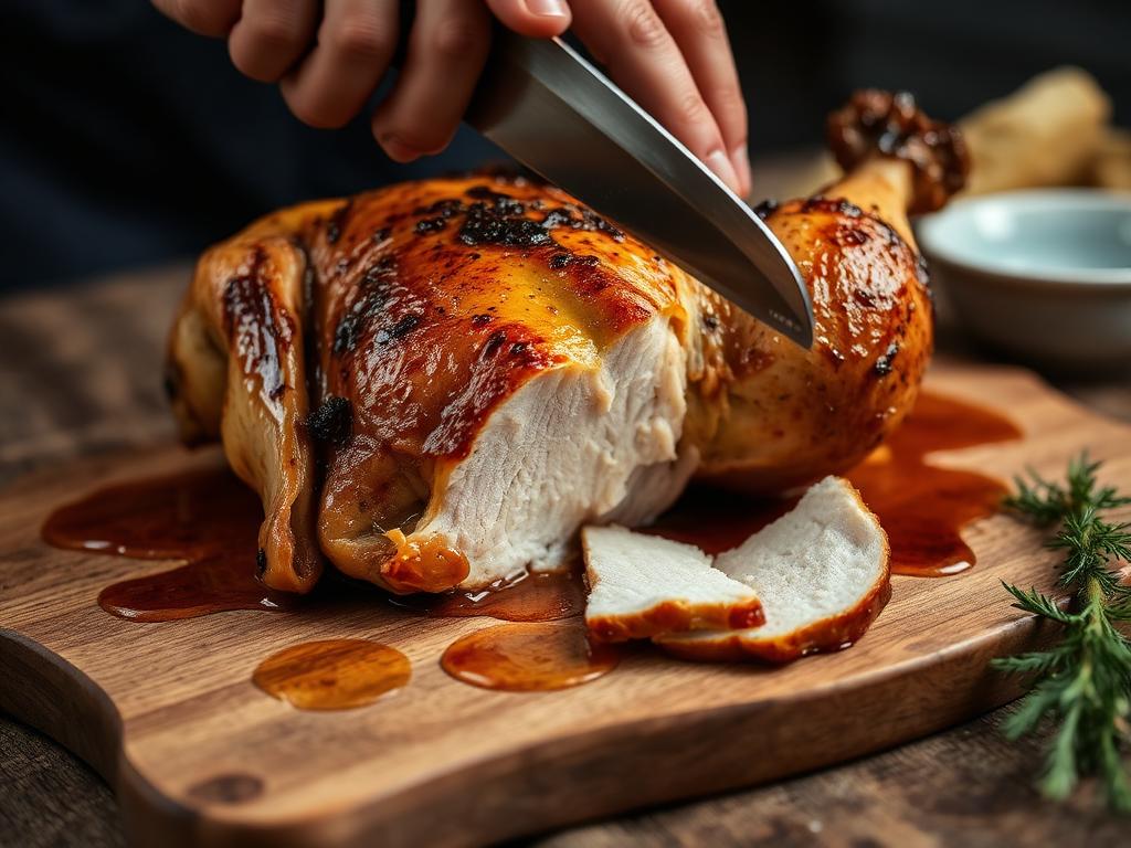 A rested roast chicken breast being sliced on a wooden board