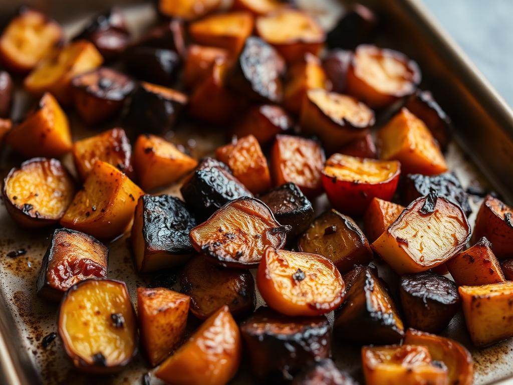 Caramelised roasted root vegetables with charred edges on a baking tray