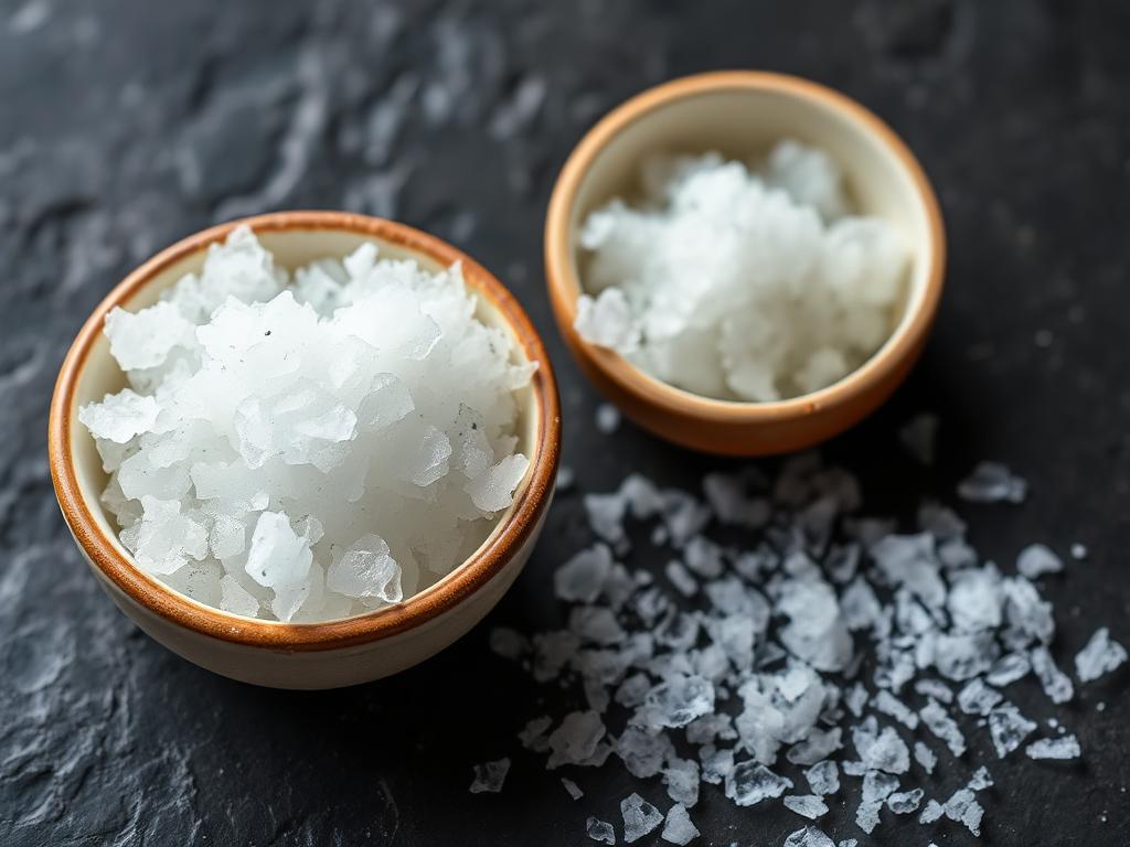 Two small ceramic bowls of flaky sea salt on dark stone